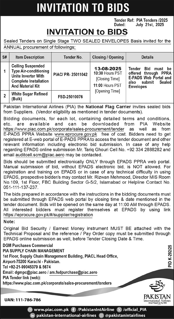 Pakistan International Airlines Karachi Tender Notice